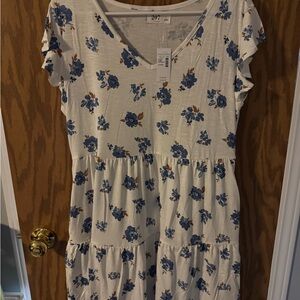 Cream Midi Dress with Blue Floral Print and V-Neck, Large- NWT!